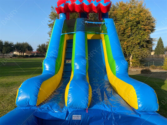 Φουσκωτή νεροτσουλήθρα με θέμα το ουράνιο τόξο με πισίνα, πολύχρωμος εξοπλισμός παιχνιδιού νερού για παιδιά σε εξωτερικούς χώρους με λάκκο με μπάλες